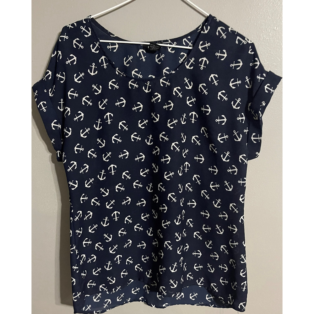 Coastal Grandma Women's Size Medium Navy Blue w/ White Anchors Blouse